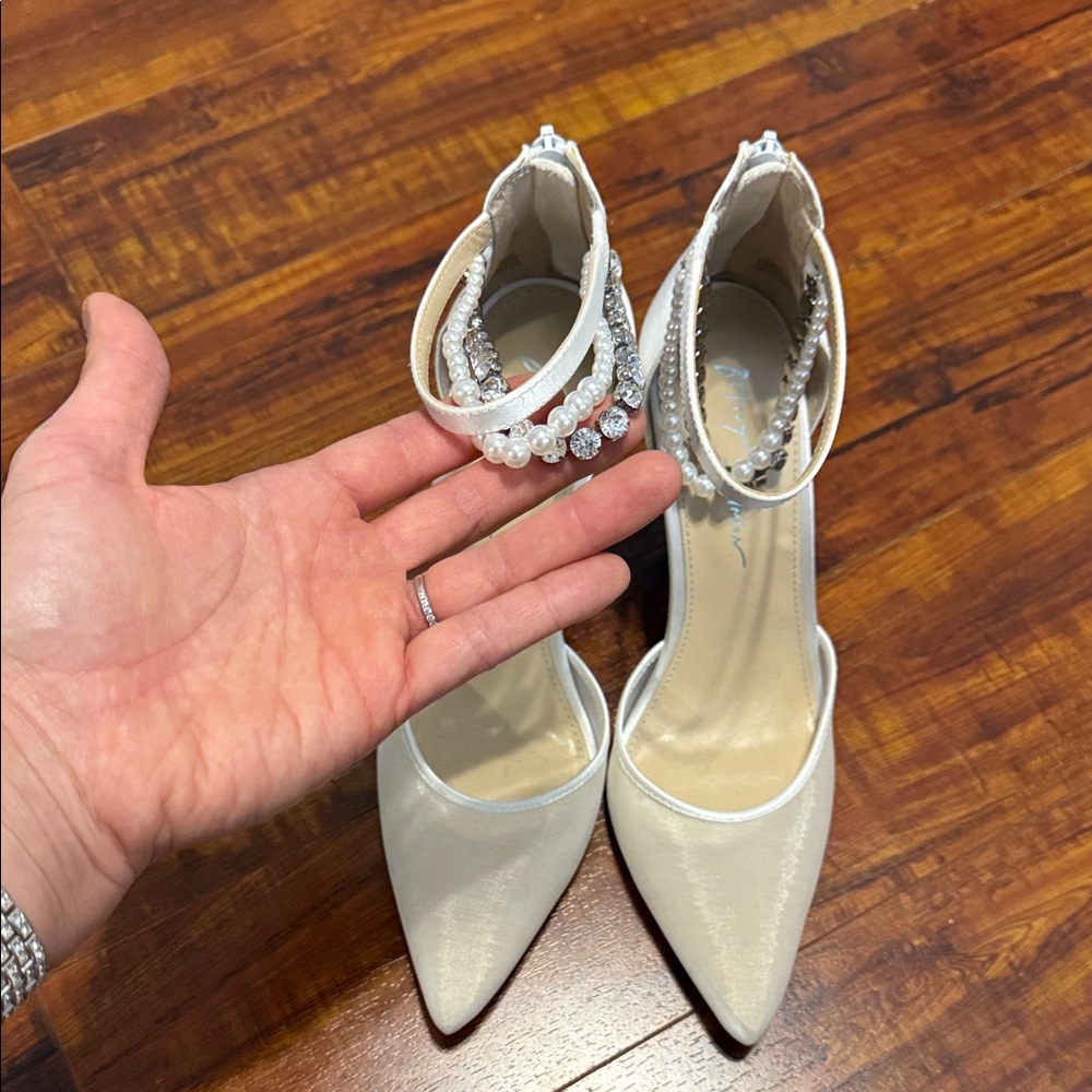 Betsey Johnson Tegan White Pearl & Rhinestone Ankle Strap Heels